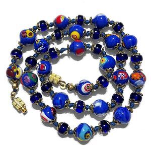VTG Mixed Murrine Mosaic Murano Glass Beaded Necklace 18" Blue Venetian Handmade